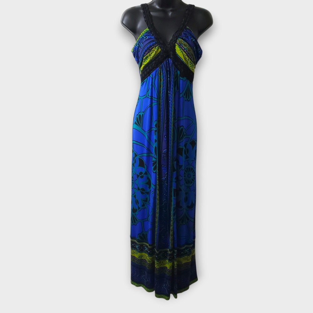 Hale Bob Blue Silk Boho Maxi Dress Braided Straps Floral Geometric‎ Print Small
